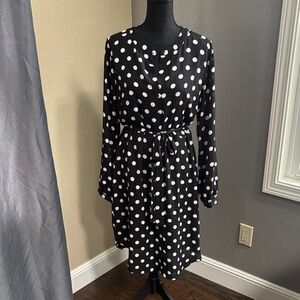 Banana Republic Factory Black and White Polka Dot Long-Sleeve Tie-Waist Dress